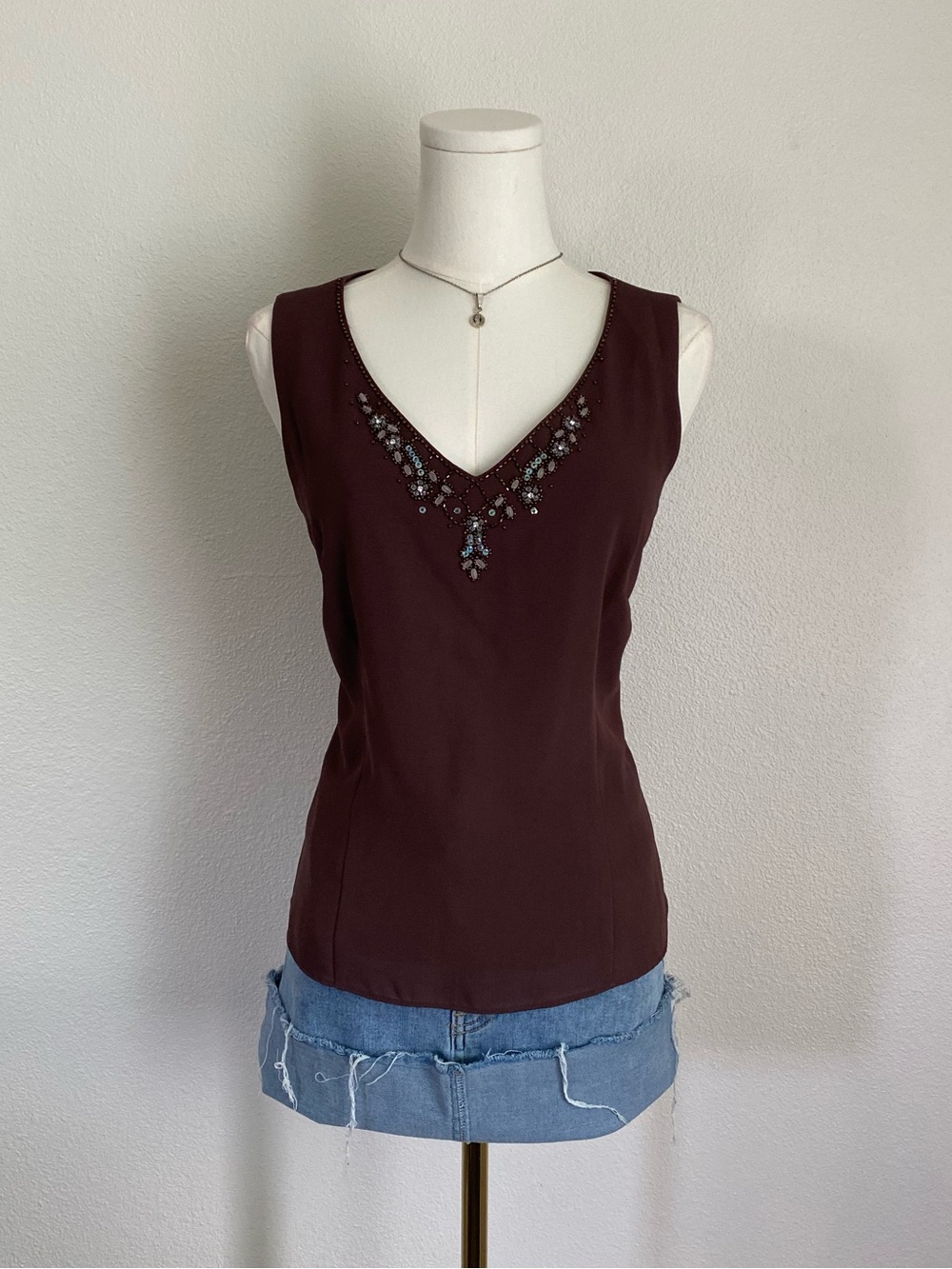 Vintage Positive Attitude Bead Embellished Brown Tank Top Blouse